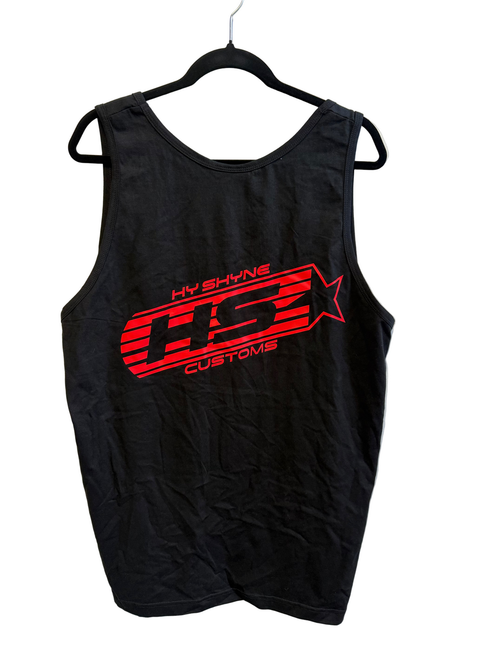 Black tank top with red and white logo on a hanger